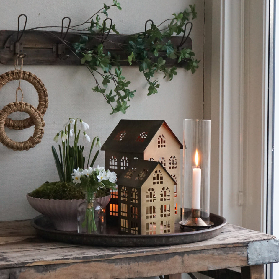 Lysestake med glass - antikk messing