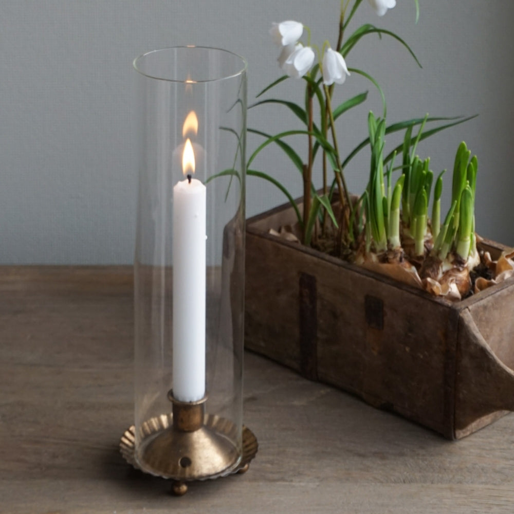 Lysestake med glass - antikk messing